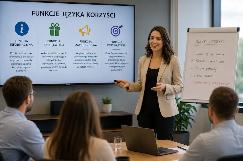 Napisz alt opisowy dla tego zdjęcia12:43Claude responded: Trenerka prowadzi szkolenie sprzedażowe, prezentując na ekranie slajd „Funkcje języka korzyści" z czterema funkcjami: informacyjną, zachęcającą, marketingową i…Trenerka prowadzi szkolenie sprzedażowe, prezentując na ekranie slajd „Funkcje języka korzyści" z czterema funkcjami: informacyjną, zachęcającą, marketingową i perswazyjną, a uczestnicy słuchają przy stole z laptopem.