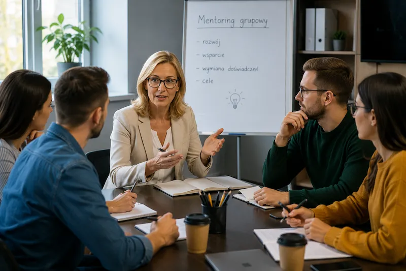 Pani mentor w trakcie sesji mentoringowej, przekazuje młodym mentee porady na temat ich rozwoju zawodowego.