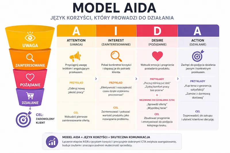 Napisz alt opisowy dla tej grafiki
12:39
Infografika „Model AIDA — język korzyści, który prowadzi do działania" w formie lejka i tabeli z czterema etapami: Attention (Uwaga), Interest (Zainteresowanie), Desire (Pożądanie) i Action (Działanie), każdy z ikoną, opisem celu etapu oraz przykładowym komunikatem opartym na języku korzyści.